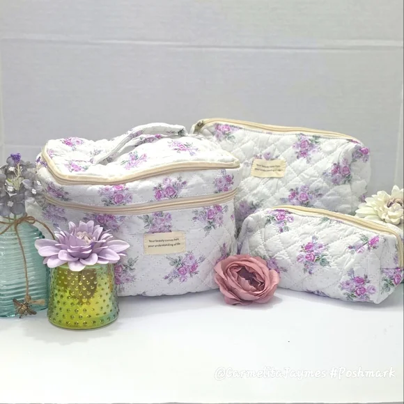 Floral Quilted 👝 3 pc XL Cosmetic Bag Set Travel Toiletry Makeup Organizer NWT - Picture 2 of 15